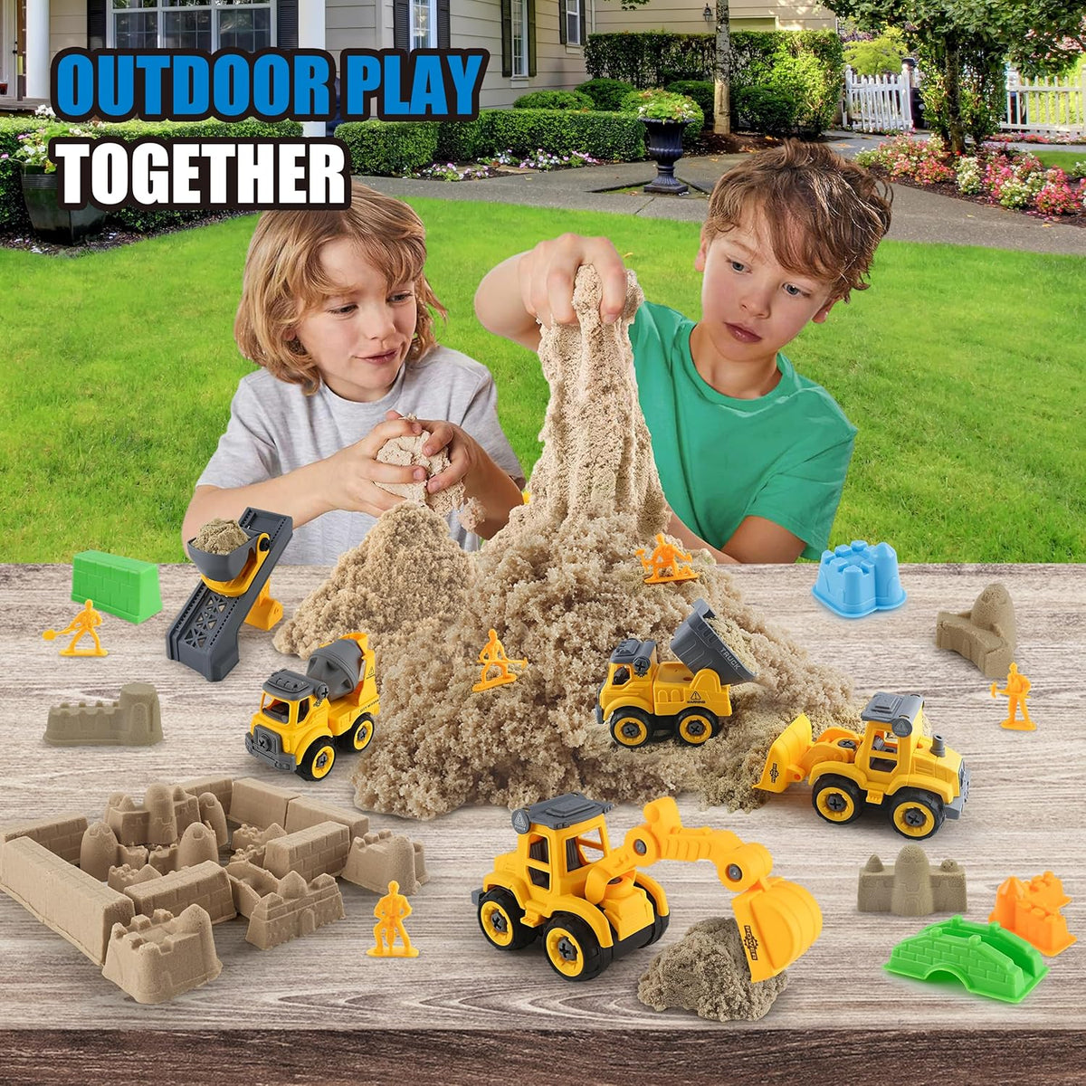 Construction Sandbox with Lid - 4 Vehicles with 1 Conveyor, 8 Castle Molds, 6 Figures & 3lbs