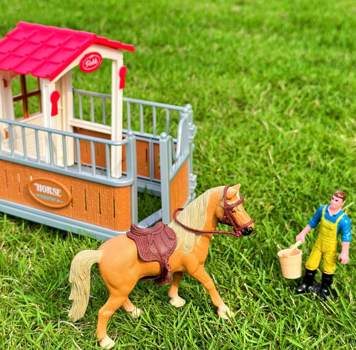 Peagrav Horse Stable Playset with Rider, Wash Area, Fence & Animal Figures - Gifts for Girls & Boys