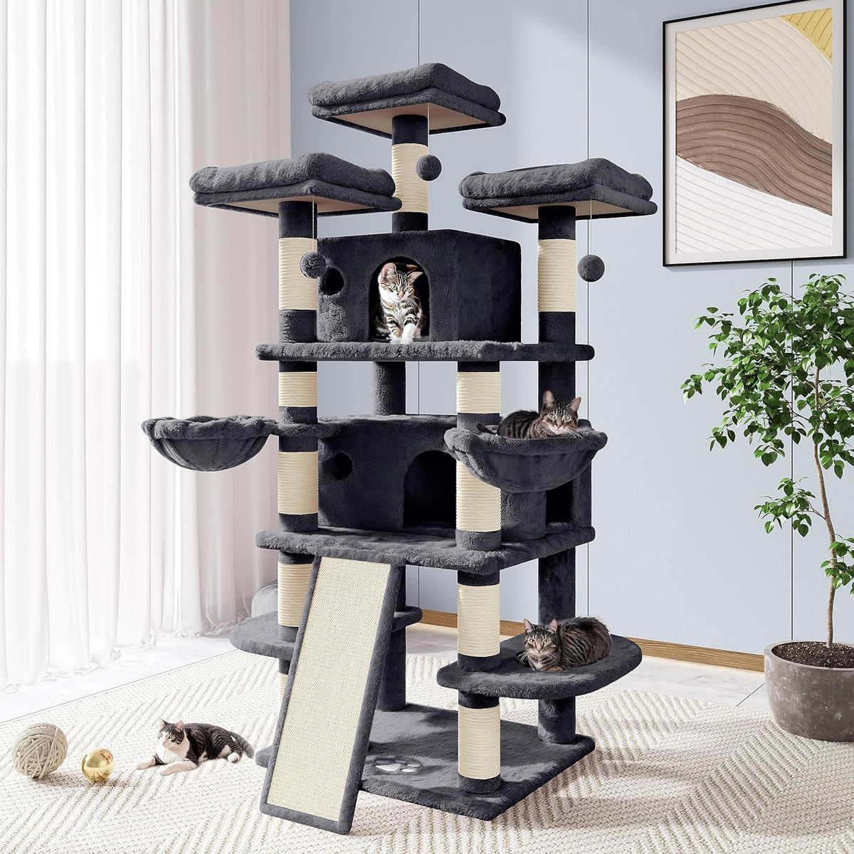 Allewie 68 Inches Cat Tree/House and Towers for Big Feline/Scratching Post/Multi-Level Large Kitty