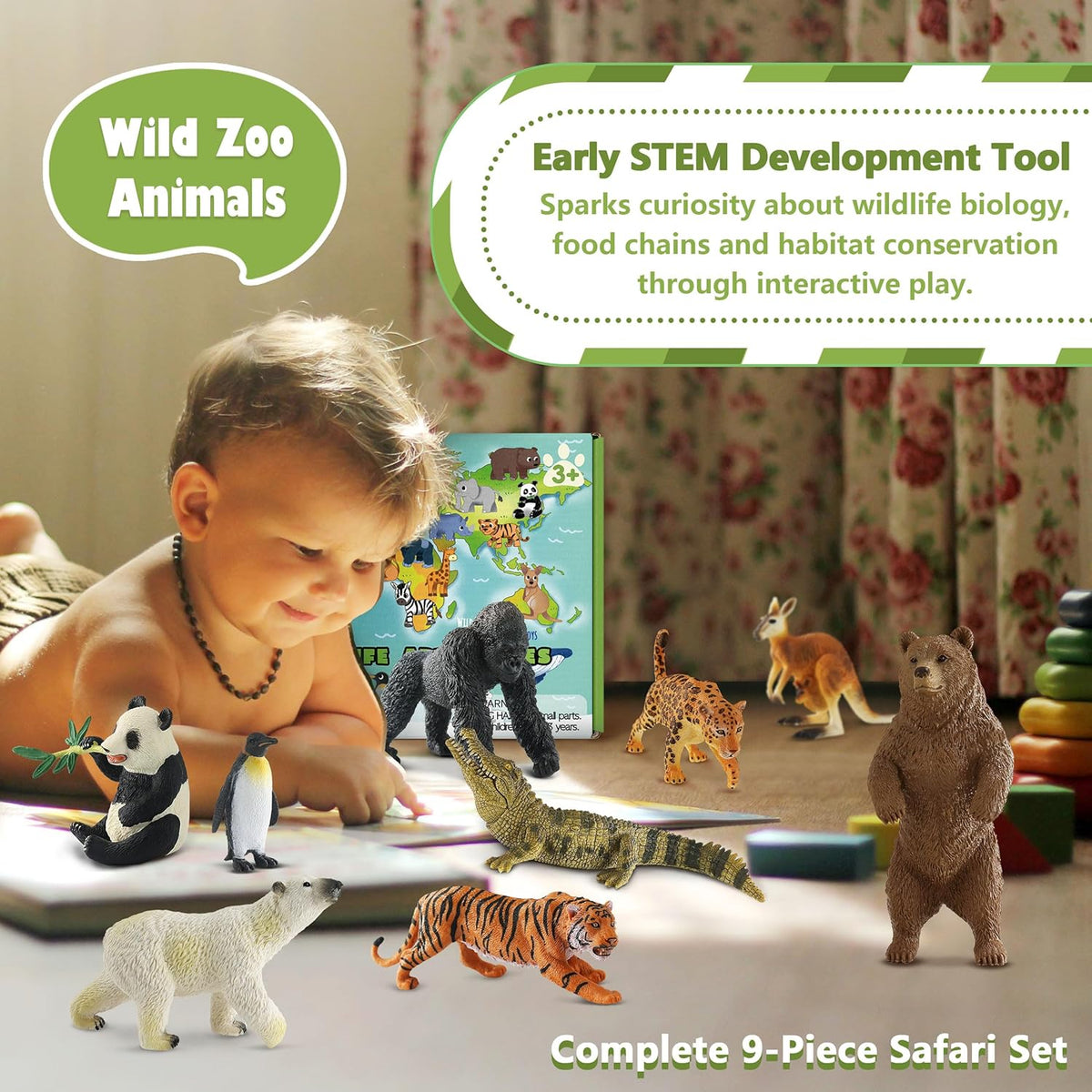 9 PCS Zoo Animal Toys for Kids 3-5 Realistic Plastic Wild Animal Figurine Toys Educational Learning