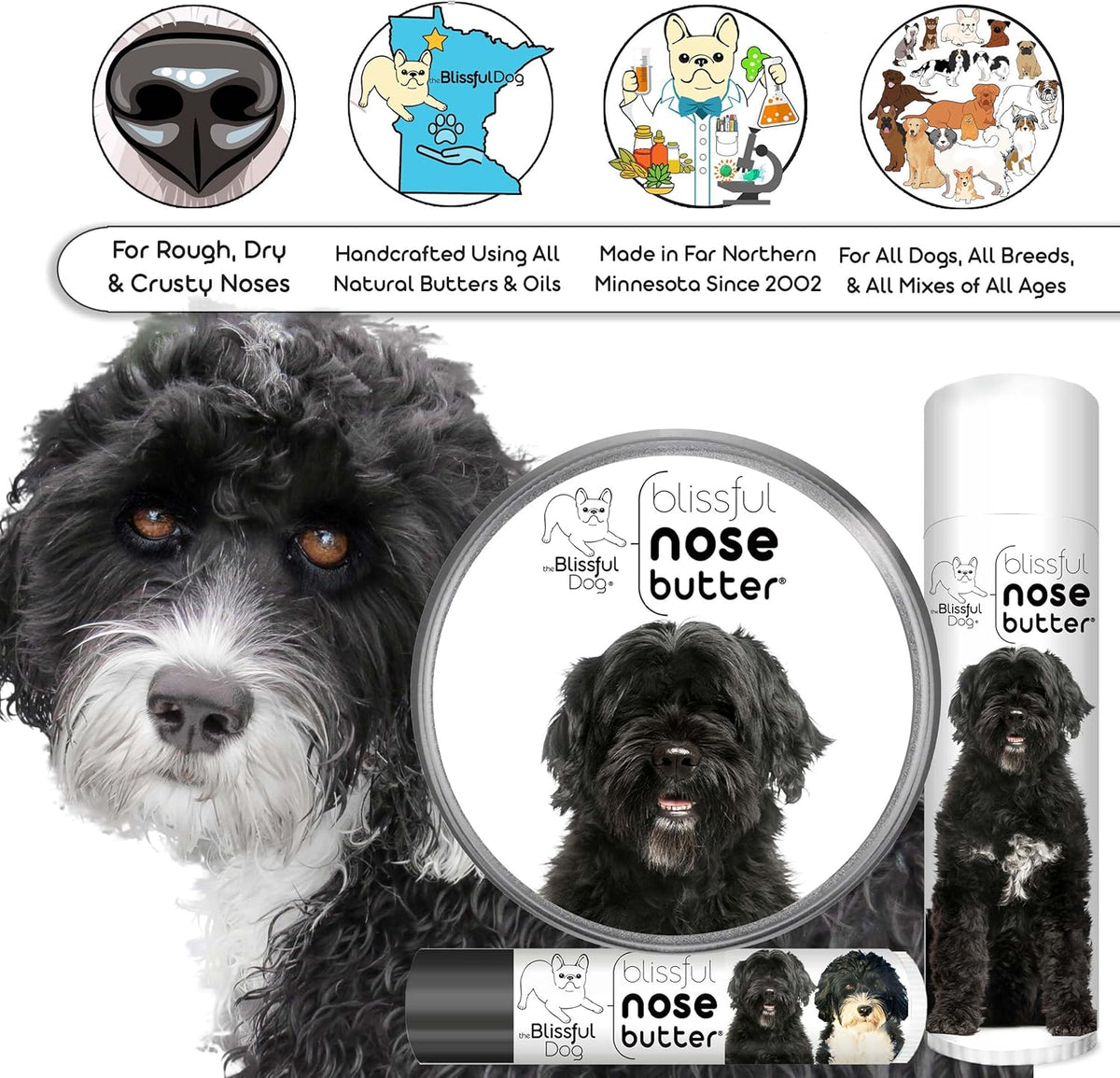 The Blissful Dog Portuguese Water Dog Unscented Nose Butter - Dog Nose Butter, 8 Ounce