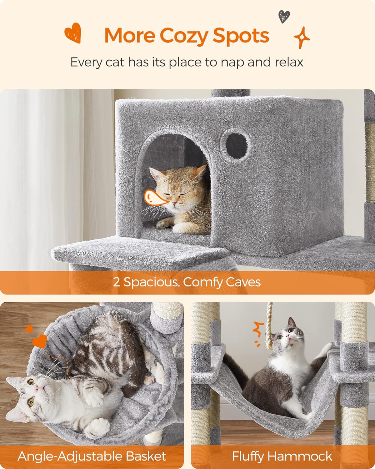 Feandrea Cat Tree, 81.1-Inch Large Cat Tower with 13 Scratching Posts, 2 Perches, 2 Caves, Basket