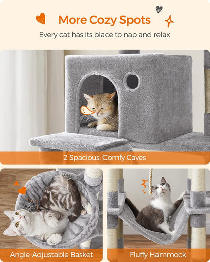 Feandrea Cat Tree, 81.1-Inch Large Cat Tower with 13 Scratching Posts, 2 Perches, 2 Caves, Basket