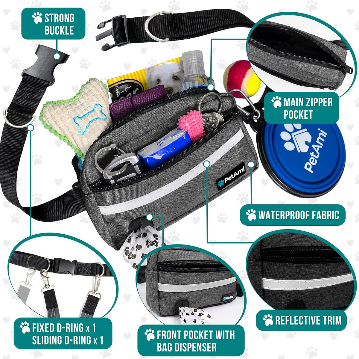 PetAmi Hands Free Dog Leash, Dog Running Leash Belt for Walking, Jogging, Dog Waist Zipper Pouch