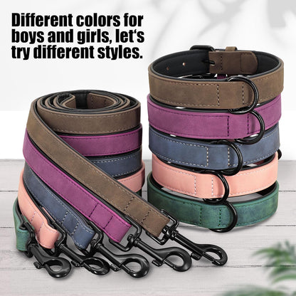 Didog Soft Padded Leather Dog Collar and Leash Set, Pink Breathable Pet Collars with 4FT PU Leather