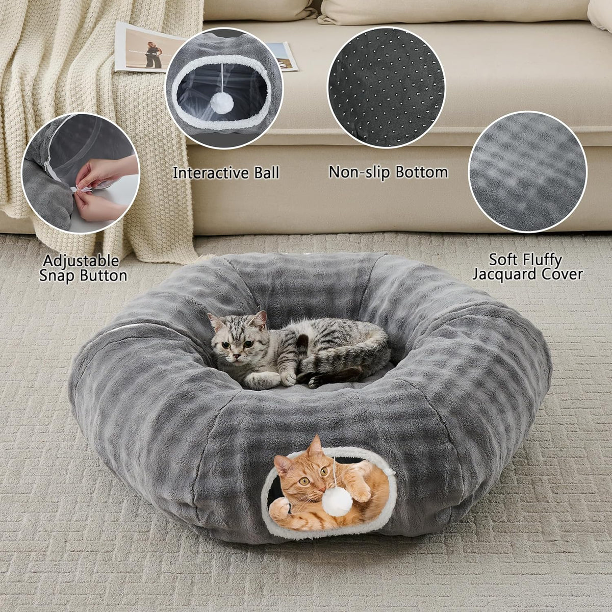Bubble Cat Tunnel for Indoor Cats, Round Peekaboo Cave Toy with Dangling Balls, Donut Tunnel Bed