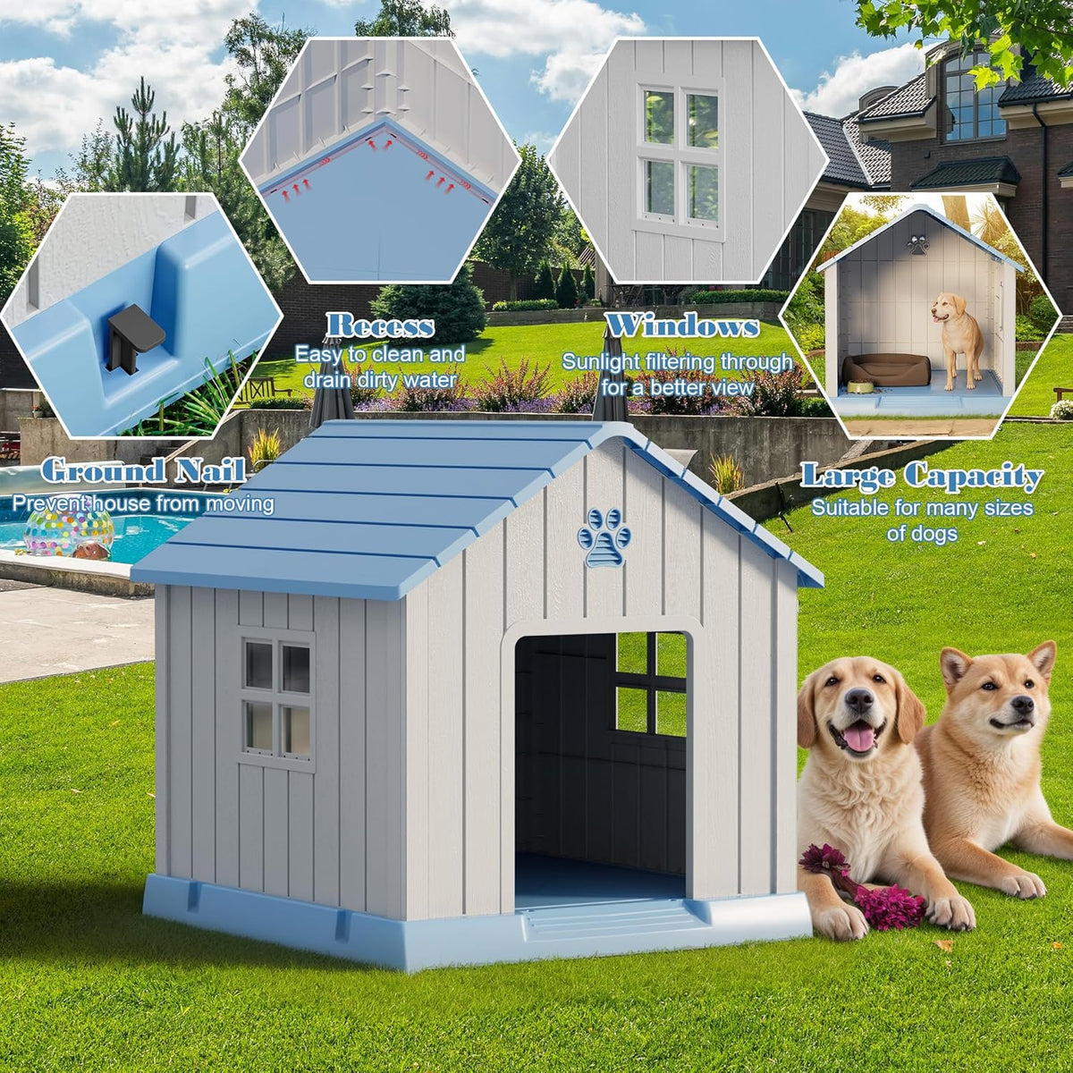 Large Dog House Outdoor Indoor for Medium Large Dogs, Durable Plastic Waterproof Doghouse with Air