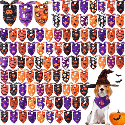 Abbylike 100 Pcs Halloween Dog Bandanas Bulk Pumpkin Bandanas for Dogs Triangle Kerchief Bibs Scarf