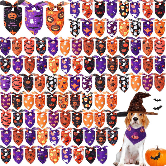 Abbylike 100 Pcs Halloween Dog Bandanas Bulk Pumpkin Bandanas for Dogs Triangle Kerchief Bibs Scarf