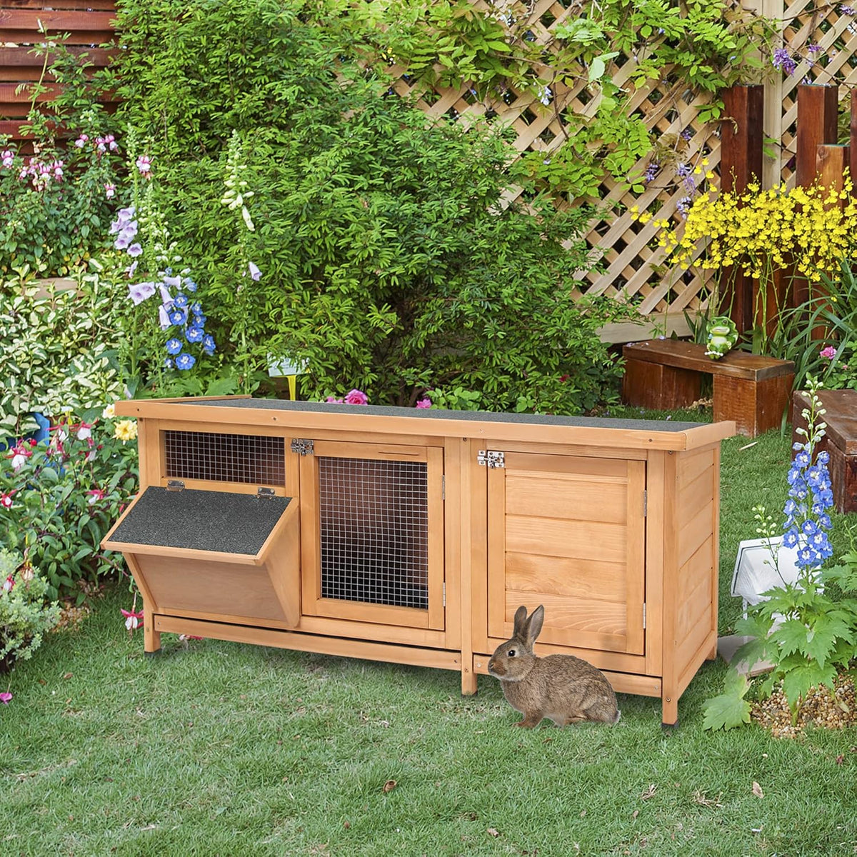 PawHut Wooden Rabbit Hutch Bunny Hutch Cage Guinea Pig with Waterproof Roof, No Leak Tray and