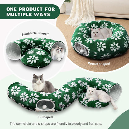 Cat Tunnel for Indoor Cats, Cute Peekaboo Cat Cave with Dangling Balls, Pet Donut Tunnel Bed with