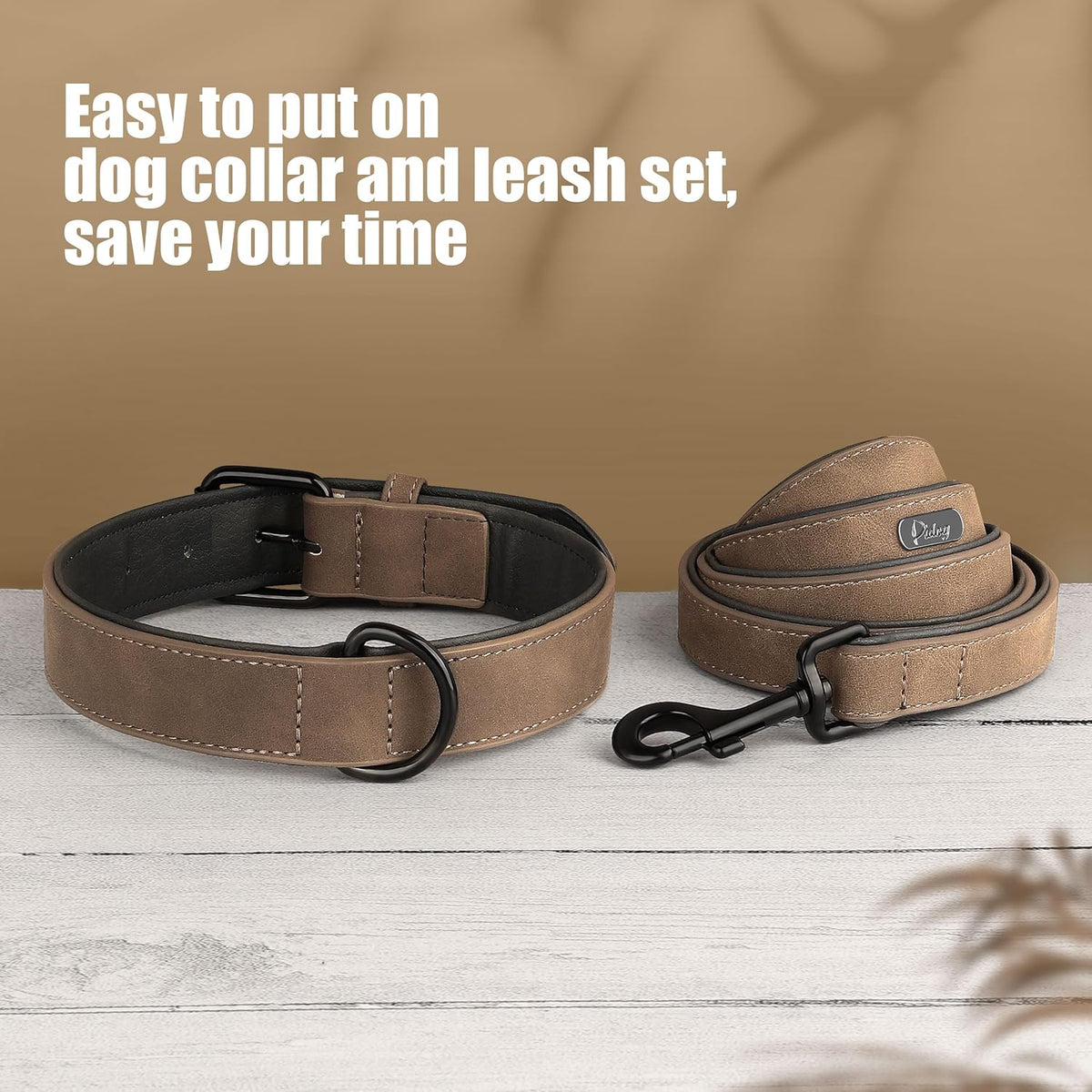 Didog Soft Padded Leather Dog Collar and Leash Set, Adjustable Dog Leash and Collar Set with Metal