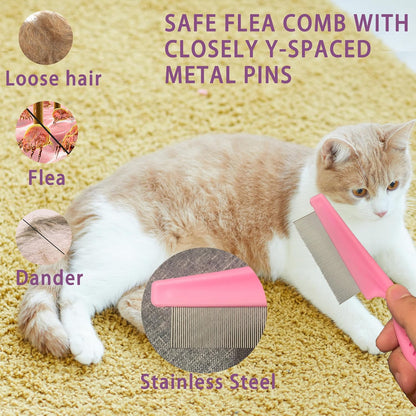 Cat Grooming Brush Kit 6 Tools - Deshedding & Dematting for Long/Short Hair, Self-Cleaning Slicker