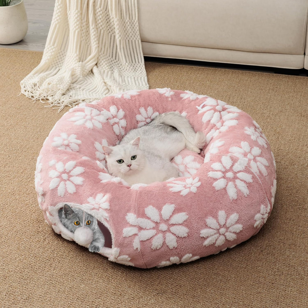 Cat Tunnel for Indoor Cats, Cute Peekaboo Cat Cave with Dangling Balls, Pet Donut Tunnel Bed with