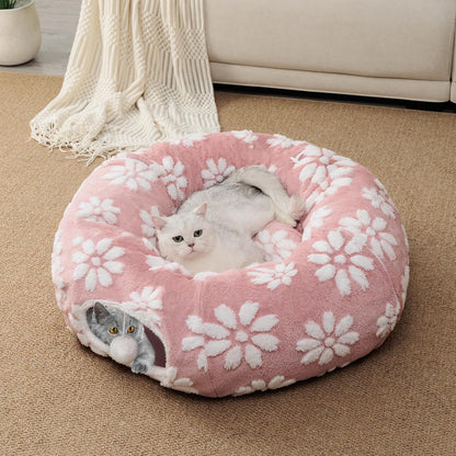 Cat Tunnel for Indoor Cats, Cute Peekaboo Cat Cave with Dangling Balls, Pet Donut Tunnel Bed with
