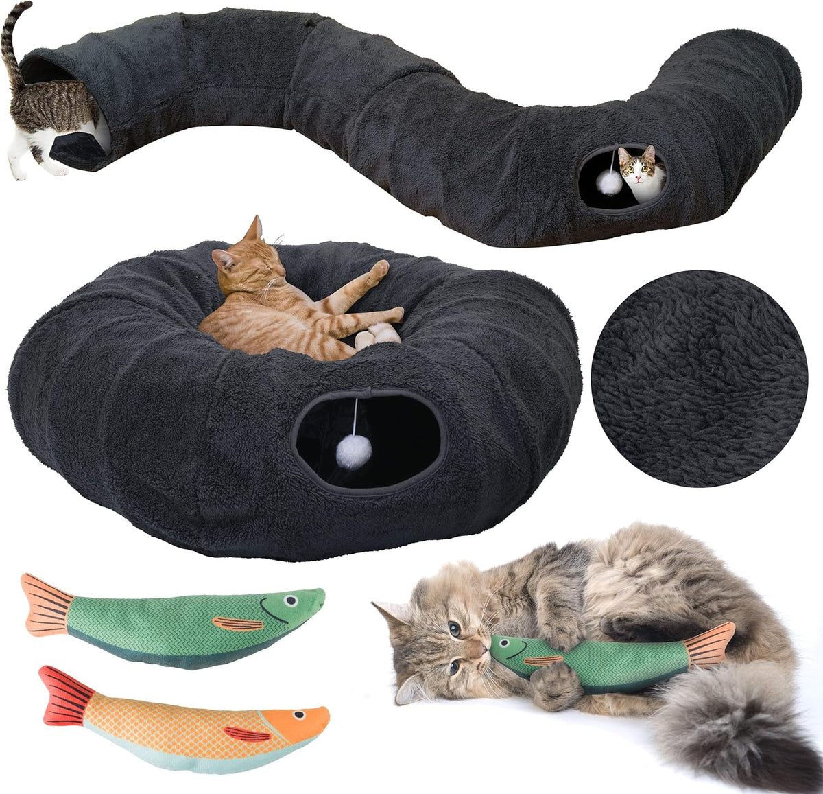 R1M Cat Tunnel Bed for Indoor Cats, Cute Cat Donut Tunnel Toys for Small, Larger Cats with Two Fish