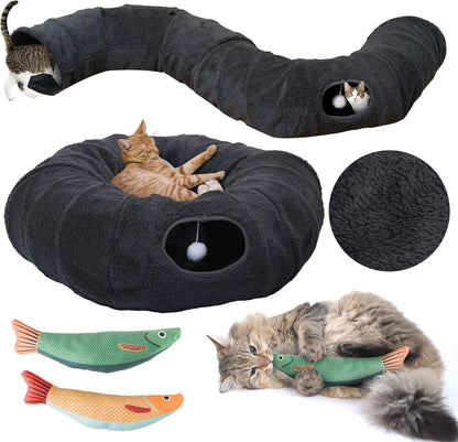 R1M Cat Tunnel Bed for Indoor Cats, Cute Cat Donut Tunnel Toys for Small, Larger Cats with Two Fish