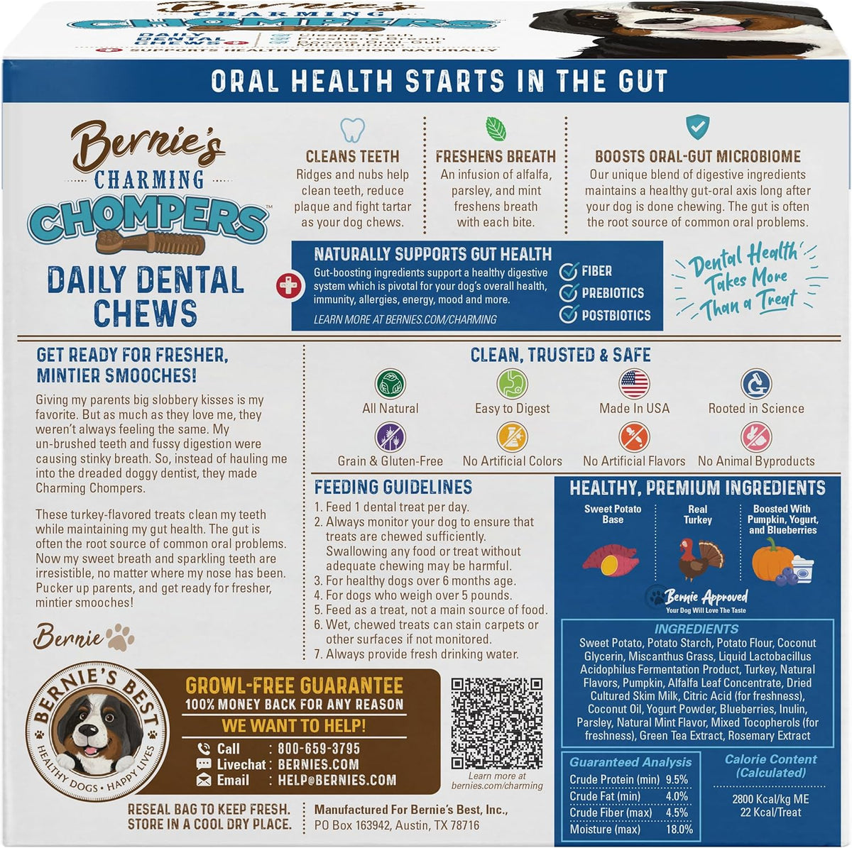 Bernie's Charming Chompers - Daily Dental Chews for Dogs - Cleans Teeth, Freshens Breath, + Boosts