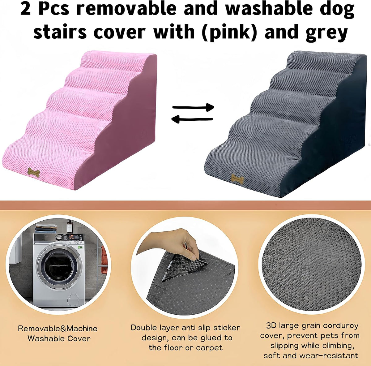 Dog Stairs & Pet Ramp for Small/Large Dogs to High Beds/Couches - 5 Steps 24-inch Height for 18-30