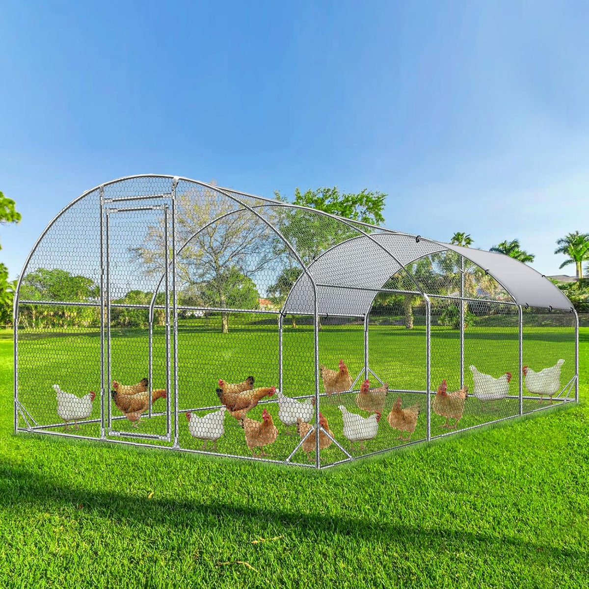 4ever2buy Large Metal Chicken Coop with Run Walk-in Poultry Cage Chicken Runs House Pen Cage Dome