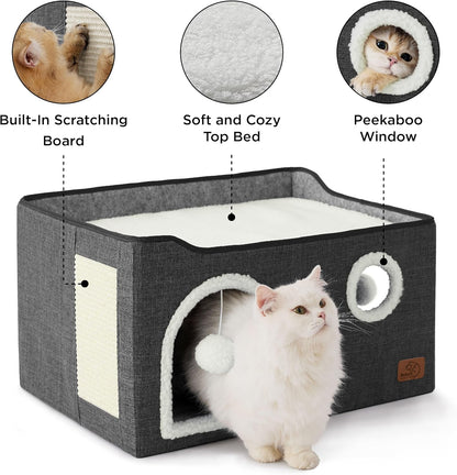 Bedsure Large Cat Beds for Indoor Cats - Extra Wide Cat Cube House for Small Pet with Fluffy Ball