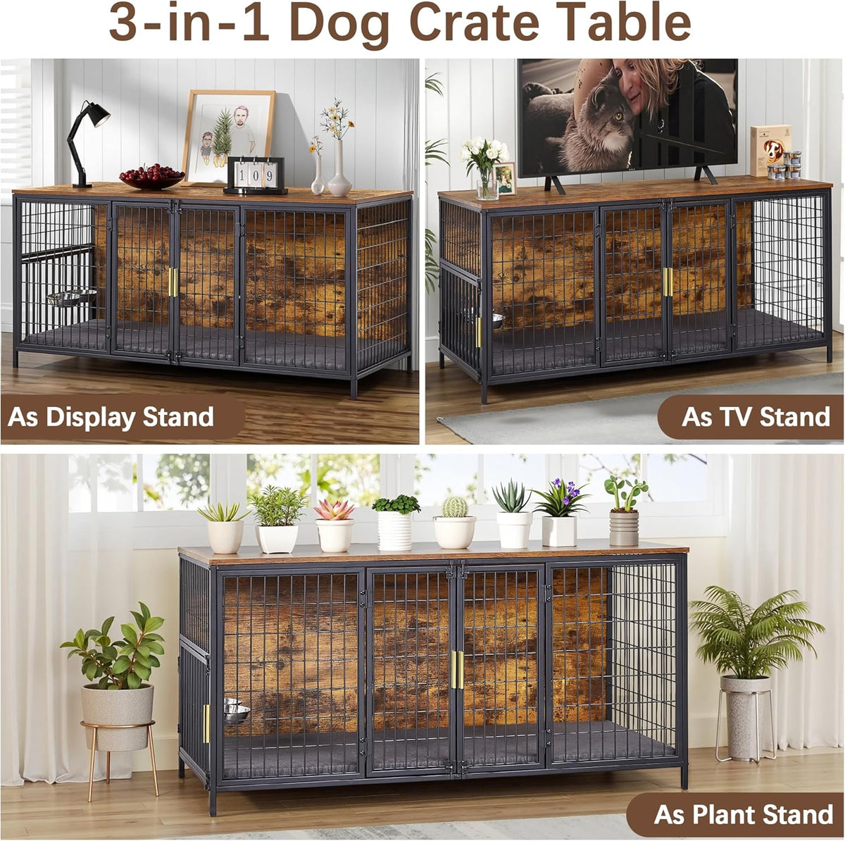 VECELO Dog Crate Furniture for Medium/Large Dogs, Wooden Dog Cage with Cushion, Double Door, Dog