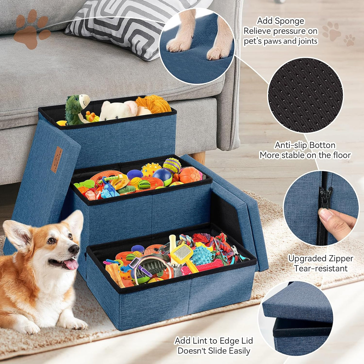 Dog Stairs with Storage 18" H, 3-Step Wider Dog Steps for Small/Medium/Large Dogs Cats, Folding