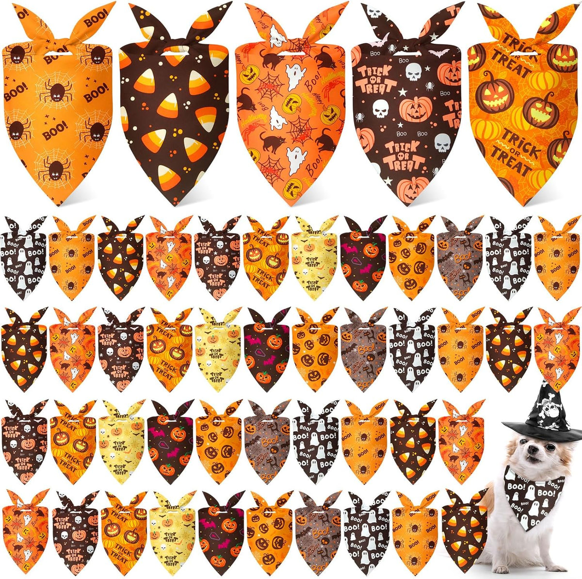 Weewooday 50 Pcs Halloween Dog Bandanas Bulk Pumpkin Ghost Bandanas for Dogs Soft Triangle Bibs