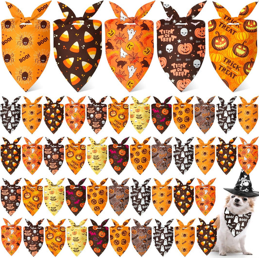 Weewooday 50 Pcs Halloween Dog Bandanas Bulk Pumpkin Ghost Bandanas for Dogs Soft Triangle Bibs