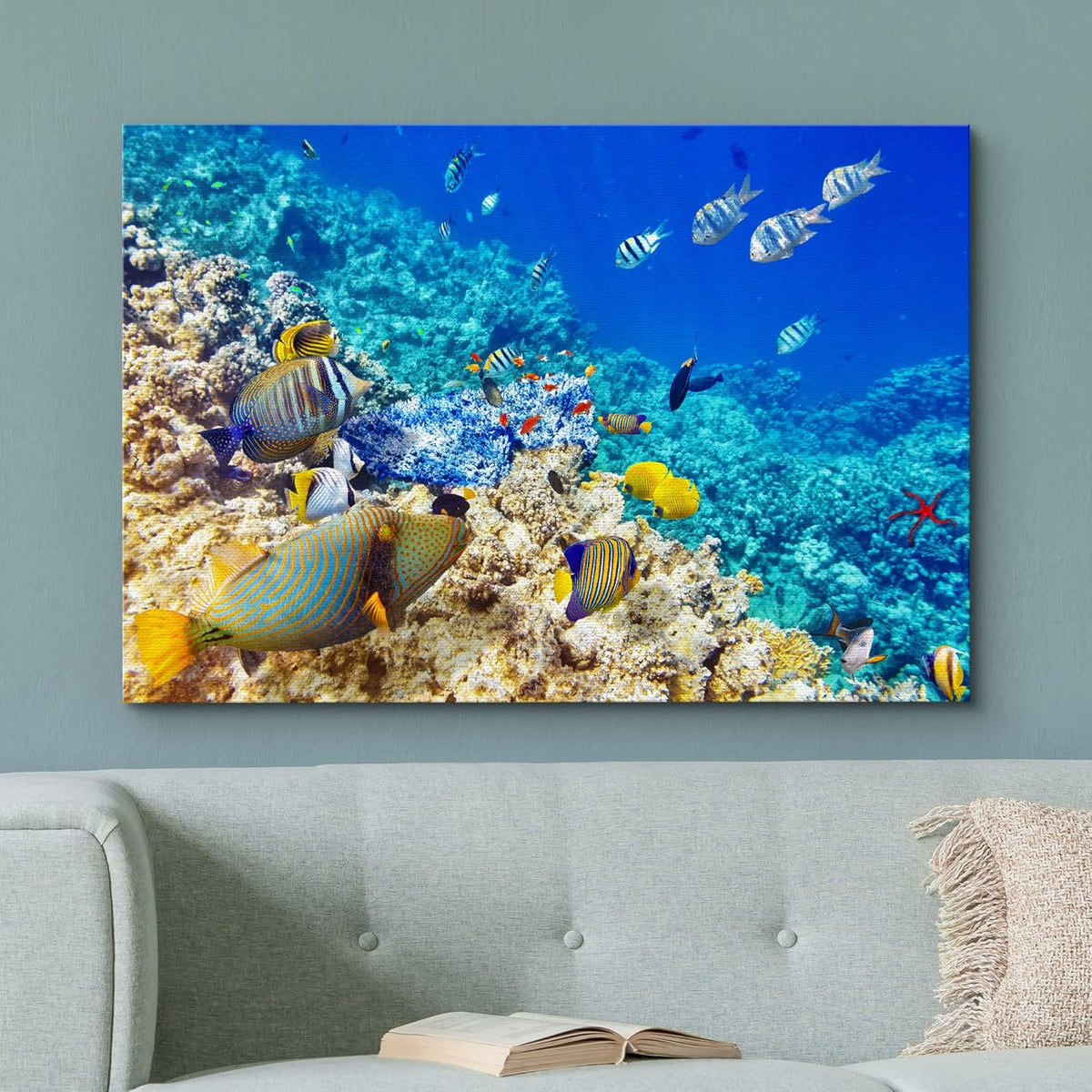 wall26 Canvas Print Wall Art Underwater Neon Blue Teal Ocean Water Fish Nature Animals Photography