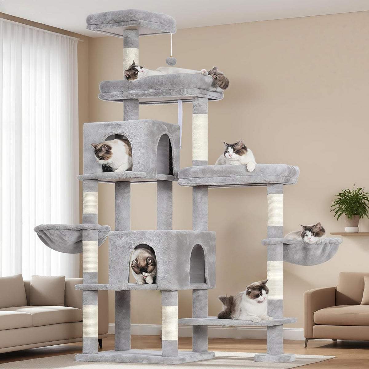 Hey-brother Cat Tree Tower, Scratching Posts with a Extended Part, Wide Platforms, Cozy Condos