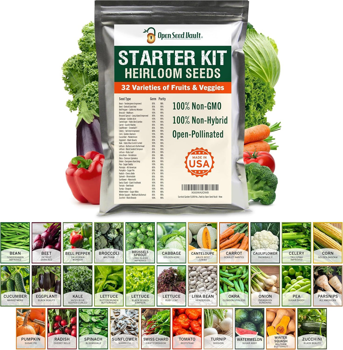 Open Seed Vault 15,000 Non GMO Heirloom Vegetable Seeds for Planting Vegetables and Fruits - 32