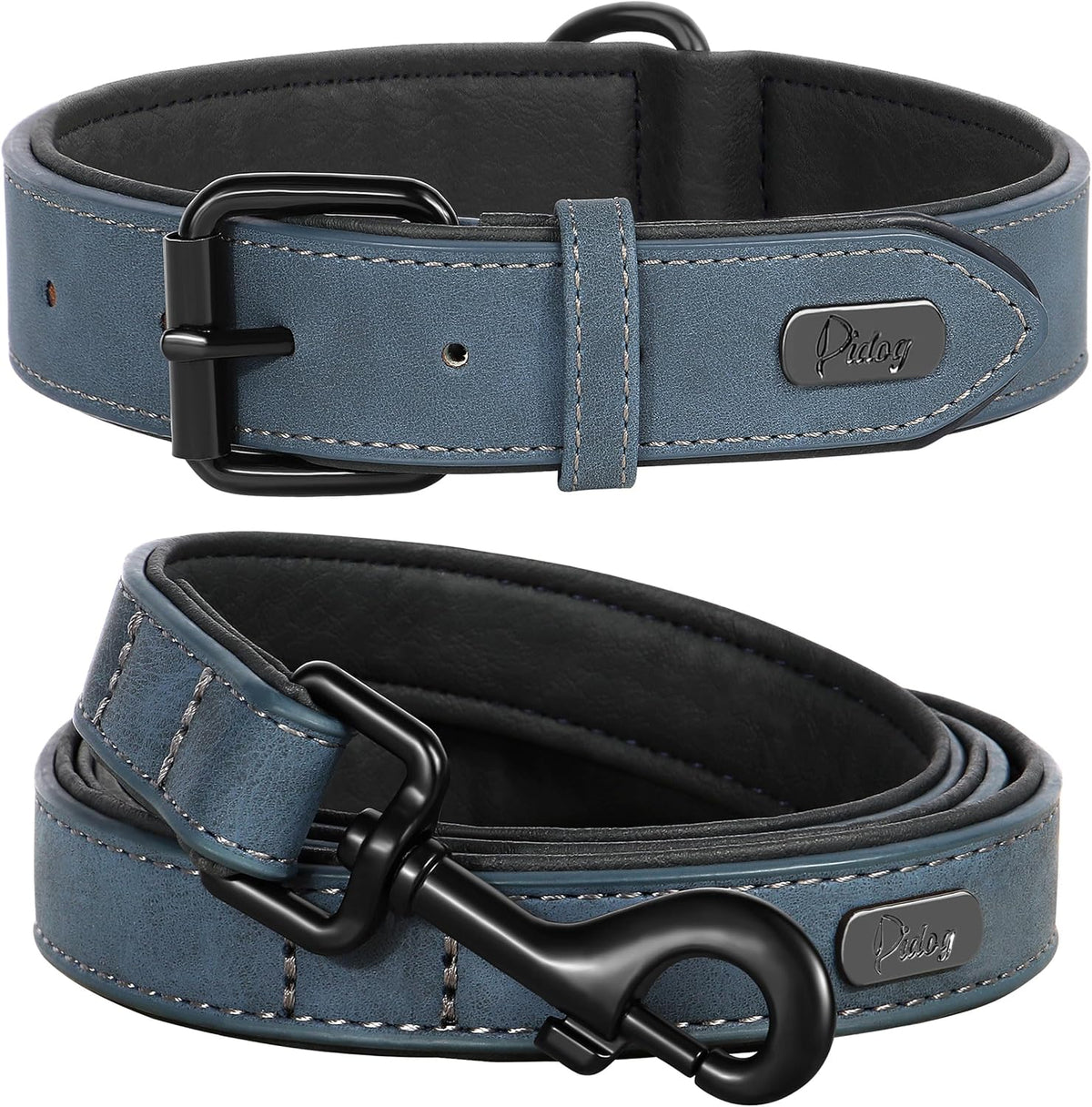 Didog Soft Padded Leather Dog Collar and Leash Set, Adjustable Dog Leash and Collar Set with Metal
