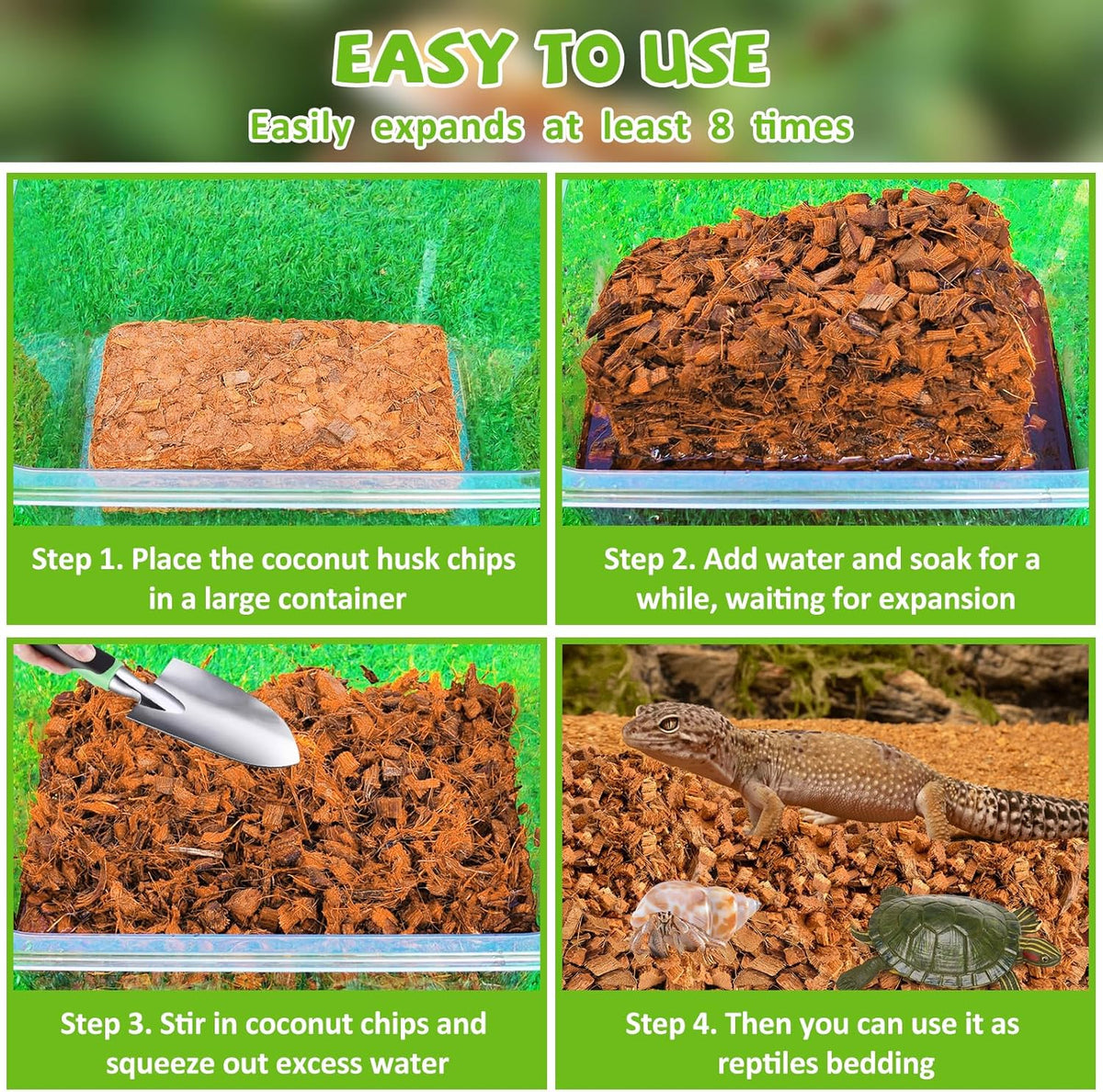 Legigo 4 Pack Coconut Chip Substrate for Reptiles, Natural Coco Husk Chip Reptiles Bedding
