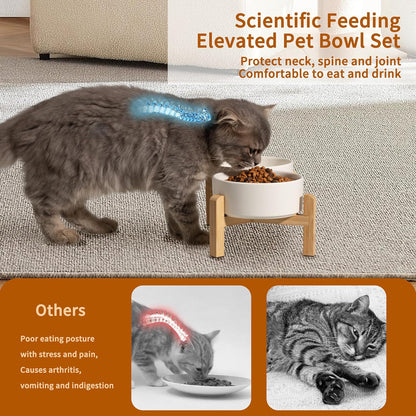 Elevated Ceramic Dog Bowl Set - Raised Feeding Bowls with Non-Slip Bamboo Stand - Small Pet Dishes