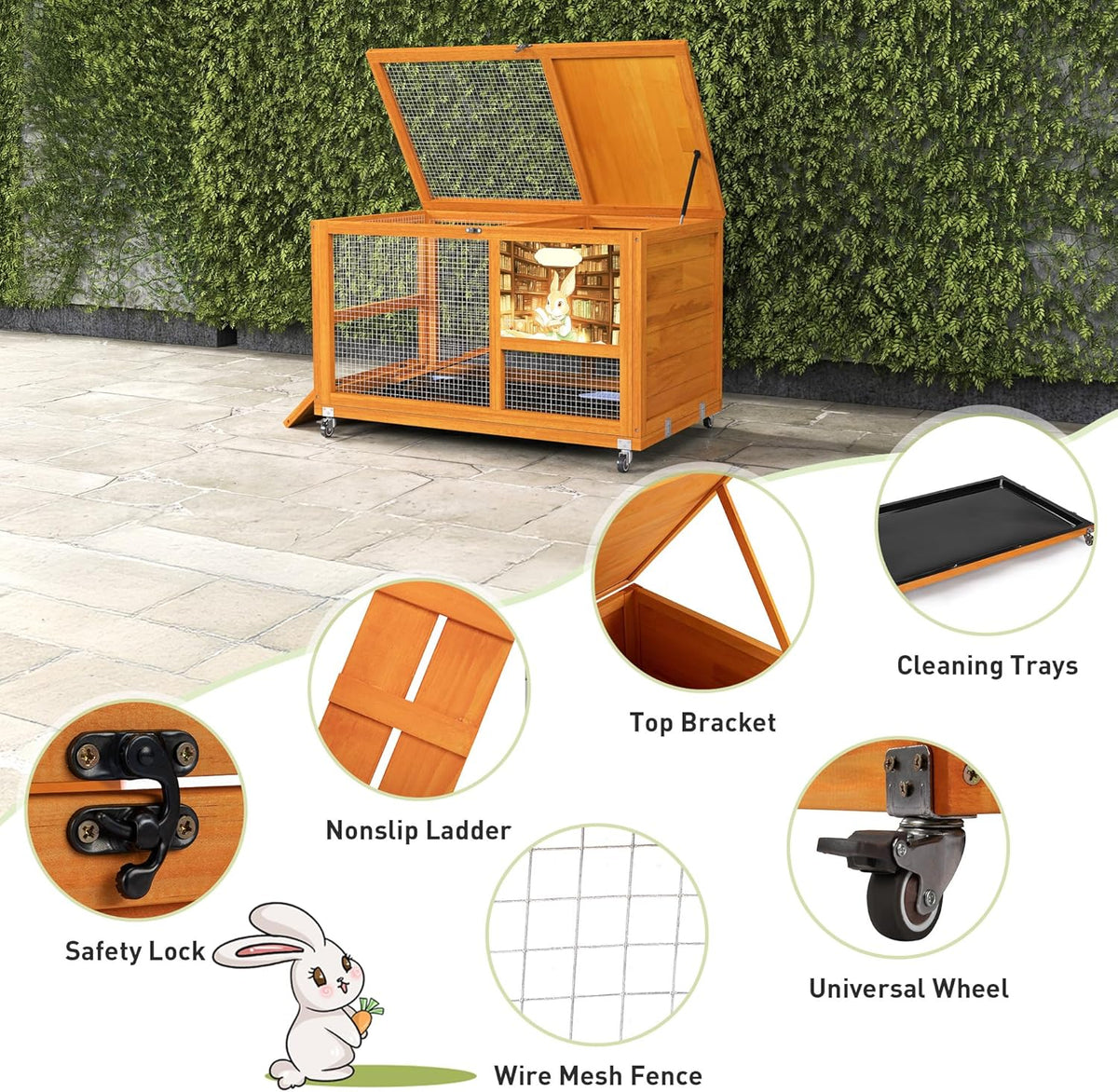 COZIWOW Wooden 36Inches Rabbit Hutch Indoor with Wheels Bunny Cage Outdoor Rabbit Cage with Clean