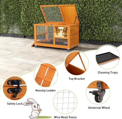 COZIWOW Wooden 36Inches Rabbit Hutch Indoor with Wheels Bunny Cage Outdoor Rabbit Cage with Clean