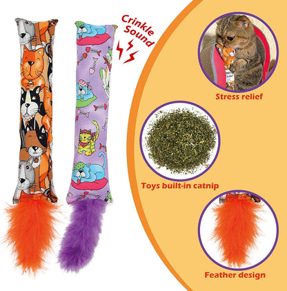2 Pack Natural Interactive Catnip Cat Kicker with Feathers, Bite Resistant Chew Toy, Crinkle