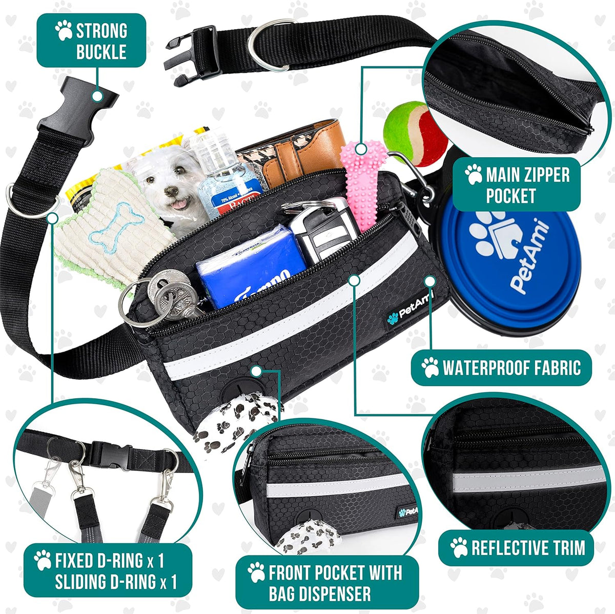 PetAmi Hands Free Dog Leash, Dog Running Leash Belt for Walking Jogging, Dog Waist Zipper Pouch