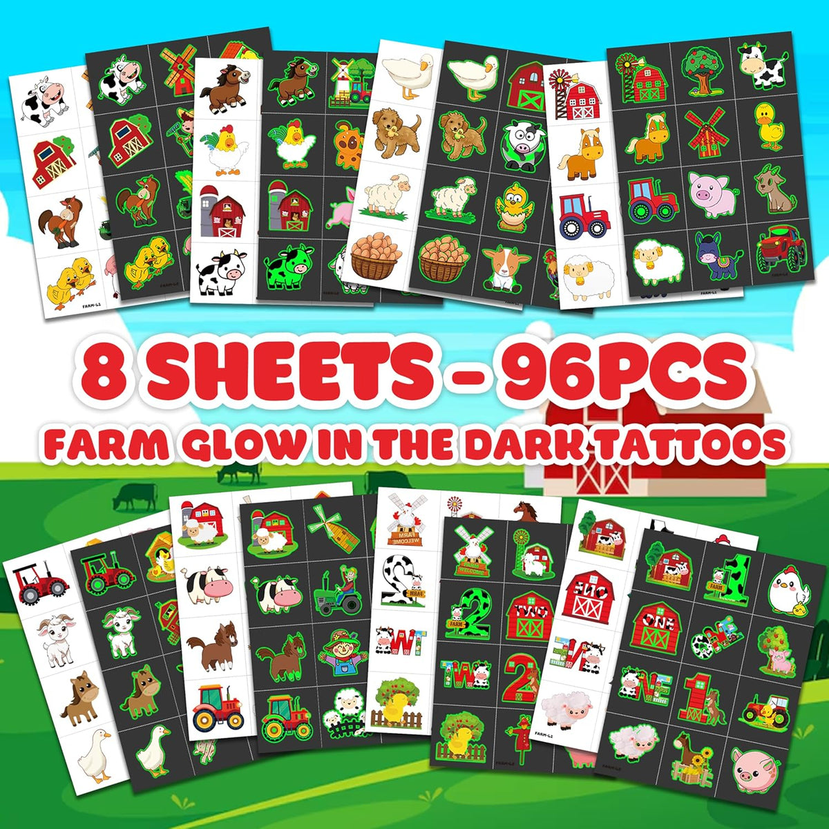 96 PCS Farm Barnyard Animal Glow In The Dark Pre-Cut Temporary Tattoos Sticker 1st First 2nd