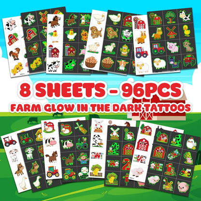 96 PCS Farm Barnyard Animal Glow In The Dark Pre-Cut Temporary Tattoos Sticker 1st First 2nd