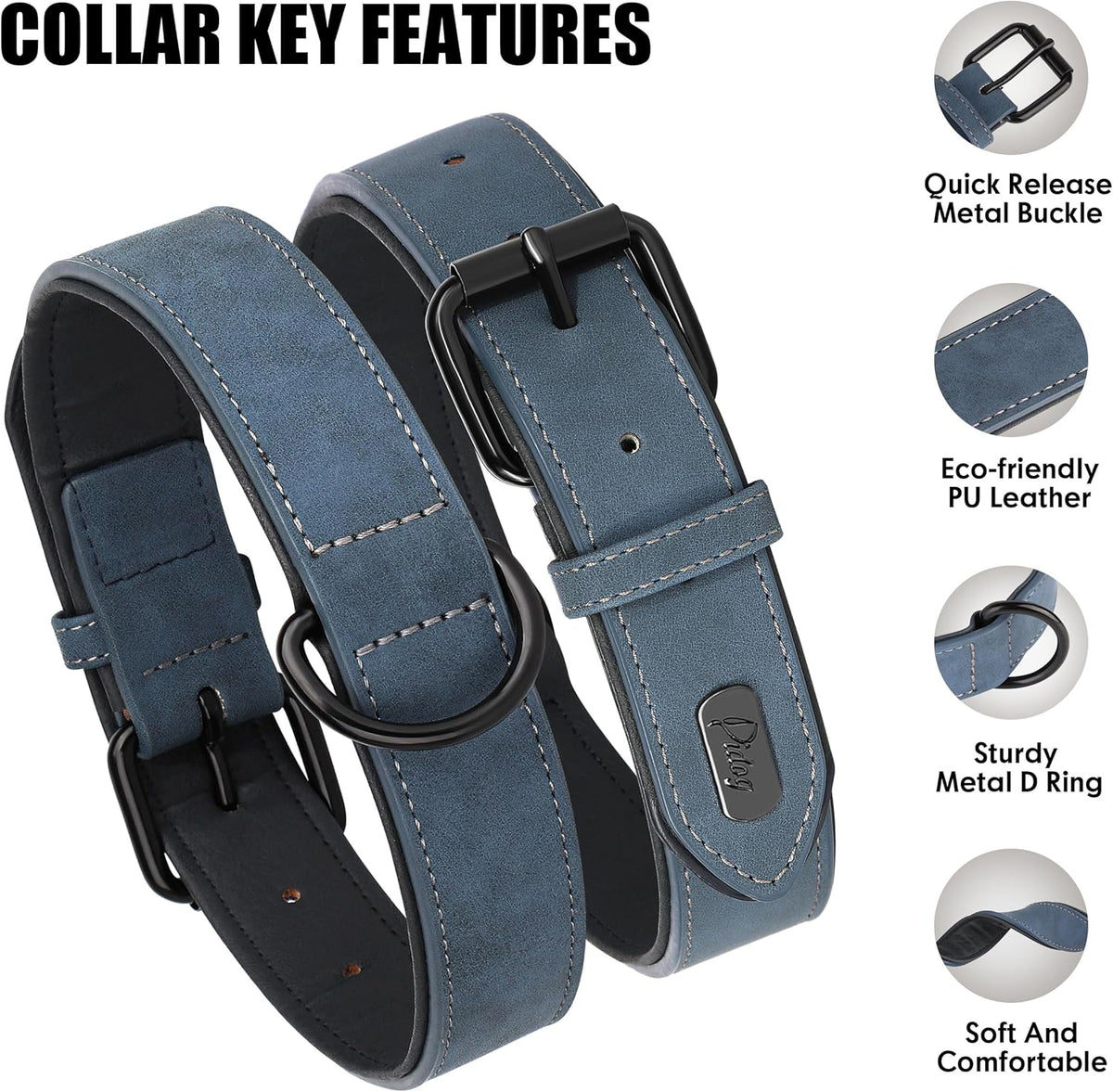 Didog Soft Padded PU Leather Dog Collar, Breathable and Adjustable Dog Collars for Medium Dogs