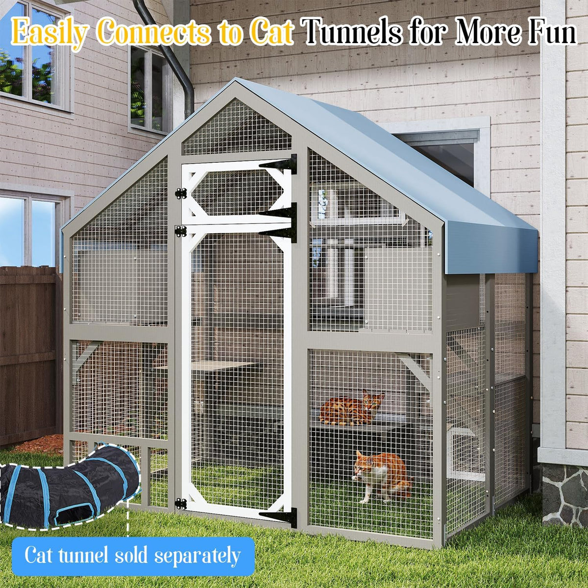 Cat Catio Outdoor Enclosure for Multiple Cats, Large Wooden Walk-in Cat House with Window
