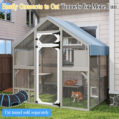 Cat Catio Outdoor Enclosure for Multiple Cats, Large Wooden Walk-in Cat House with Window