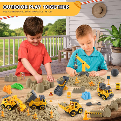 Asoxt 43-Piece Construction Sensory Playset – 2 lbs Play Sand, 4 DIY Trucks, Crane & Road Signs