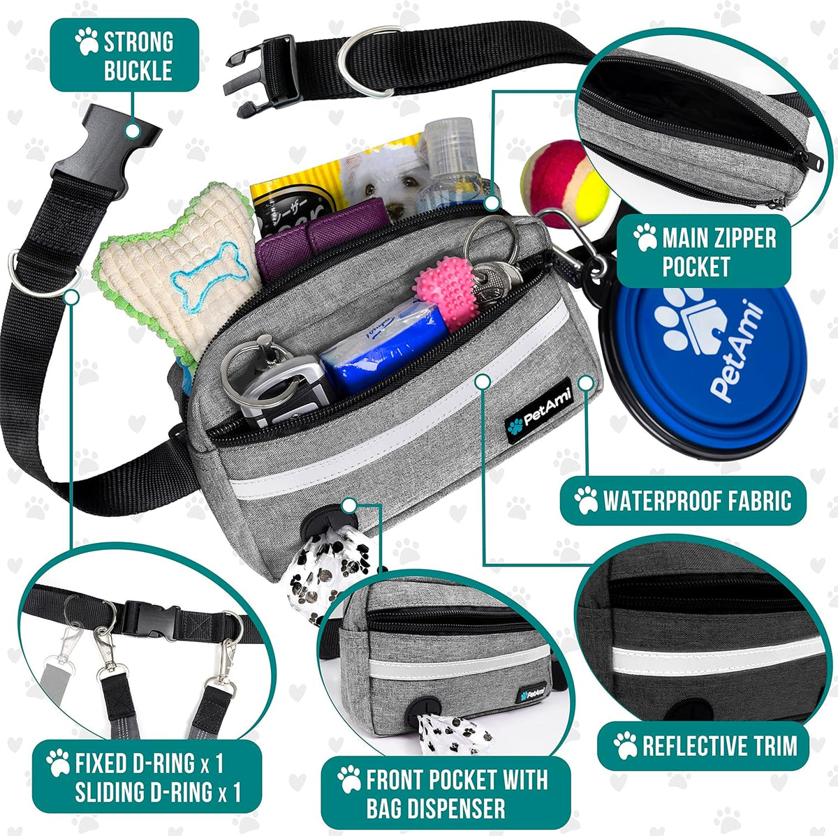 PetAmi Hands Free Dog Leash, Running Leash Belt Walking, Jogging, Waist Zipper Pouch with Poop Bag