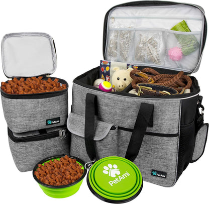 PetAmi Dog Travel Bag, Travel Pet Bag Organizer, Dog Food Travel Bag with Food Container and Bowls