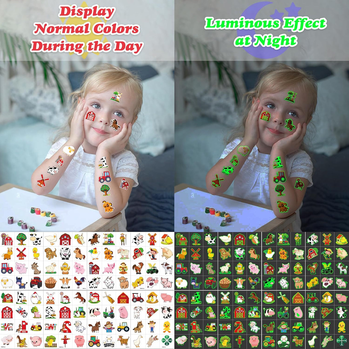 96 PCS Farm Barnyard Animal Glow In The Dark Pre-Cut Temporary Tattoos Sticker 1st First 2nd