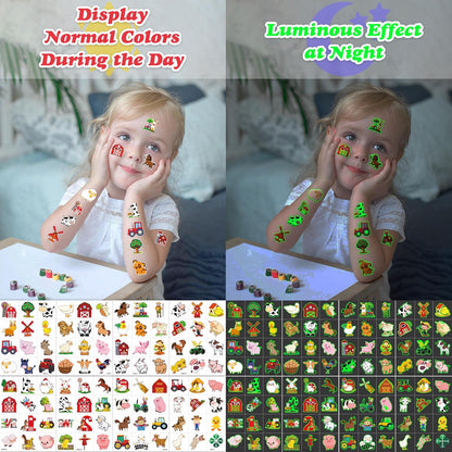 96 PCS Farm Barnyard Animal Glow In The Dark Pre-Cut Temporary Tattoos Sticker 1st First 2nd