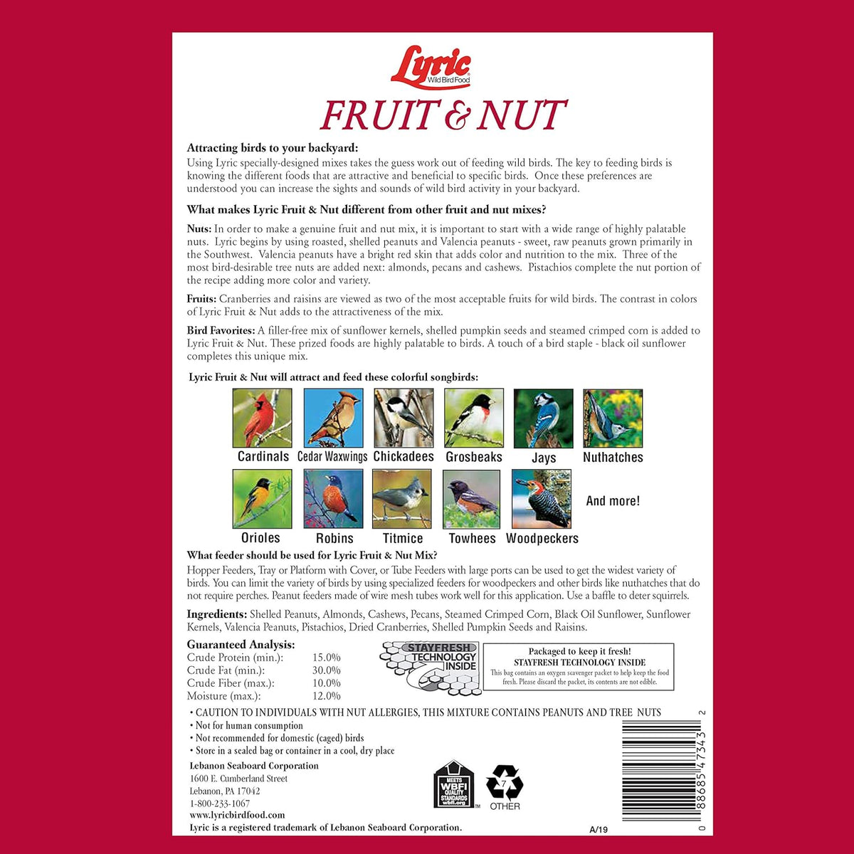 Lyric Fruit and Nut Wild Bird Seed - High Energy Wild Bird Food Mix - Attracts Woodpeckers